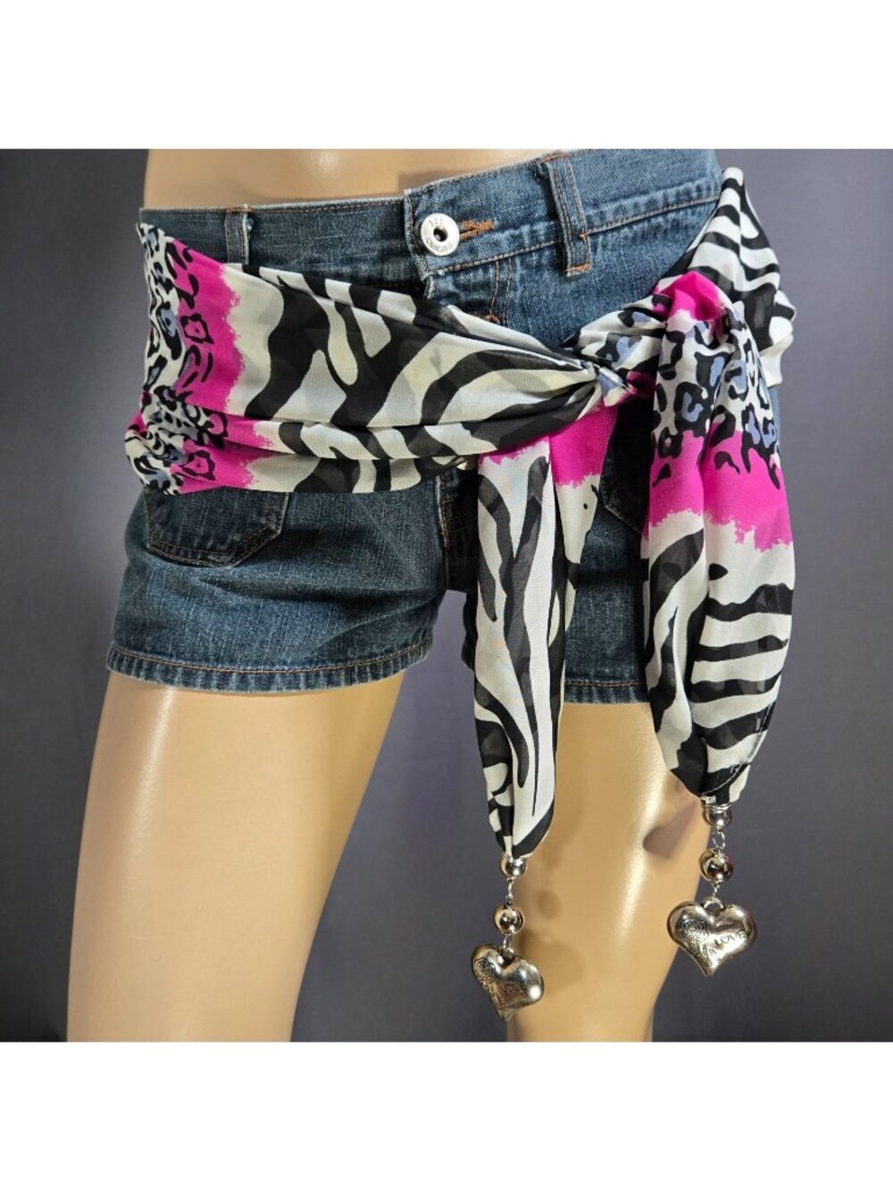 Y2K Zebra Leopard Print Chiffon Scarf Silver Heart Charms Black White Hot Pink